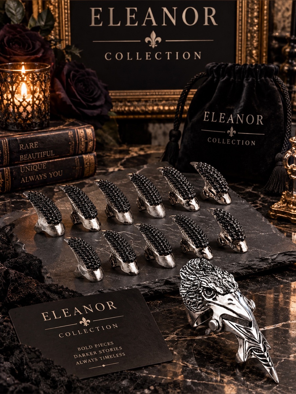 The Eleanor Collection Gothic Eagle Fingernail Ring Set + Bonus Statement Ring